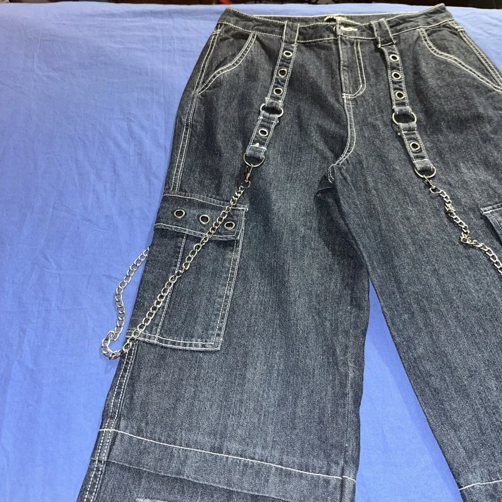 Hot Topic Jeans Size 9 Blue Chains Grommets Straps Baggy Grunge Skater Women's